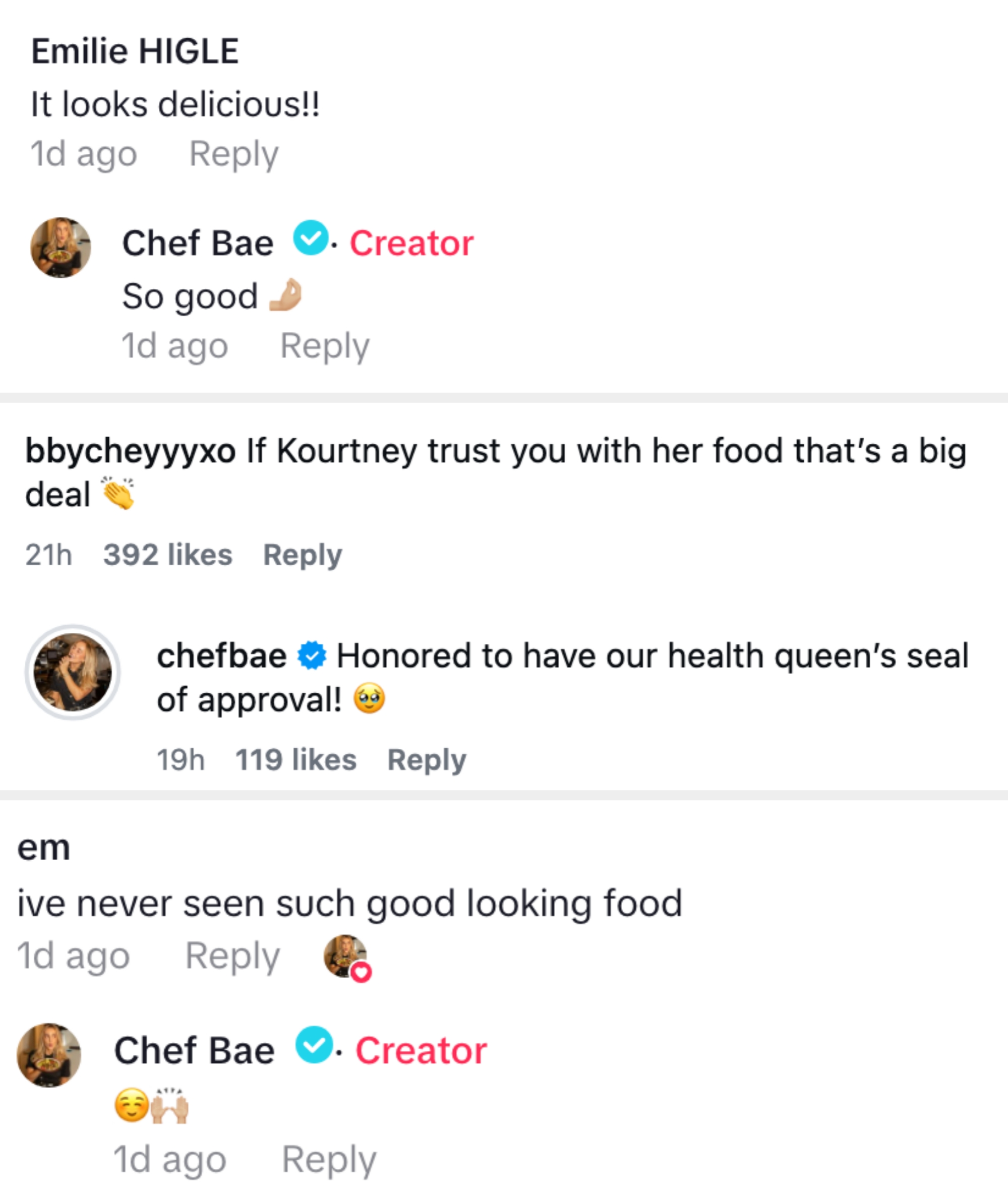 Screenshot of societal media comments praising Chef Bae's food