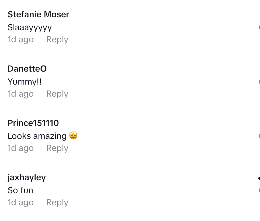 Comments praising a post, including "Slaaayyyy," "Yummy!!," "Looks amazing," and "So fun."