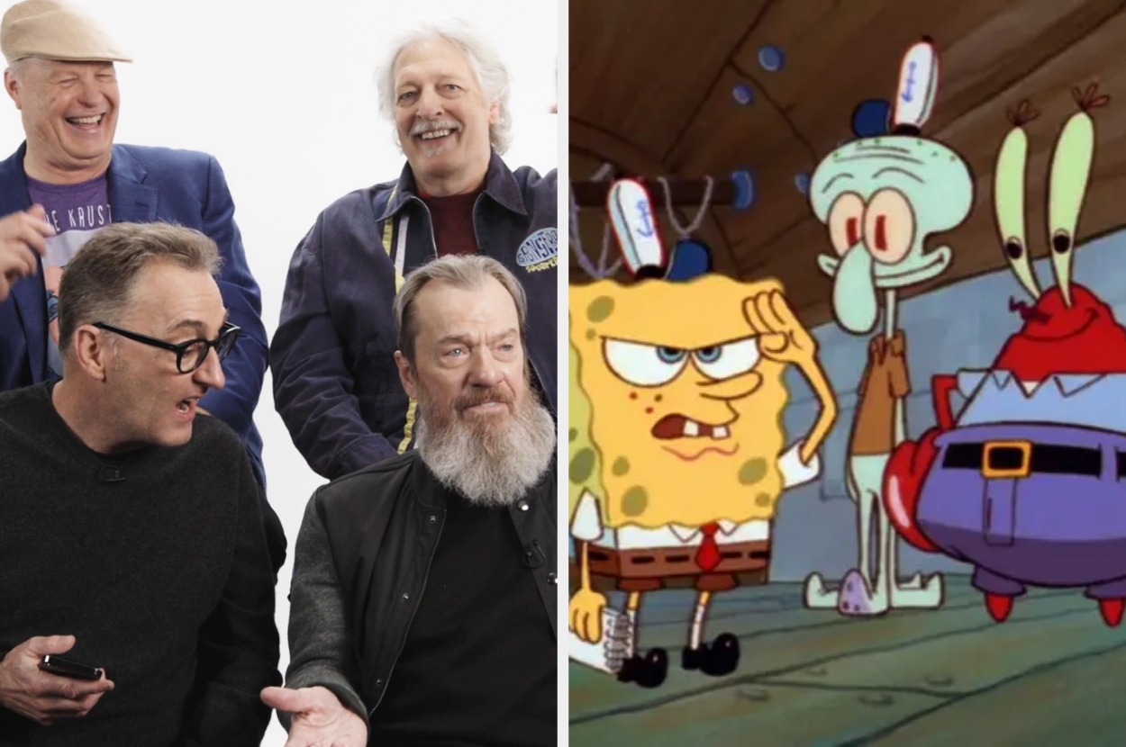 Five animated character voice actors pose together; beside them, a scene from the show they voice, featuring SpongeBob SquarePants characters