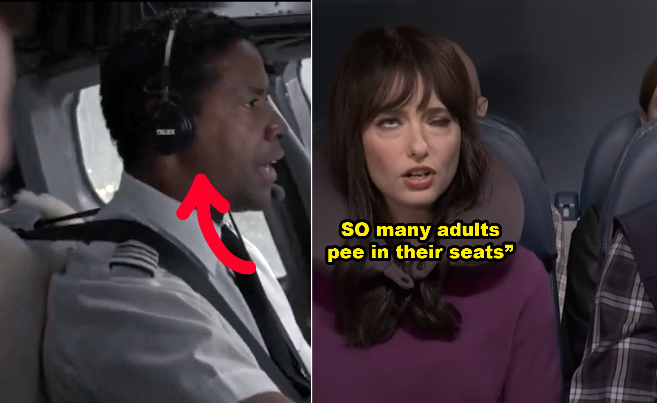Split image: Left shows a pilot in a cockpit, right shows a person on a plane with text: "So many adults pee in their seats."