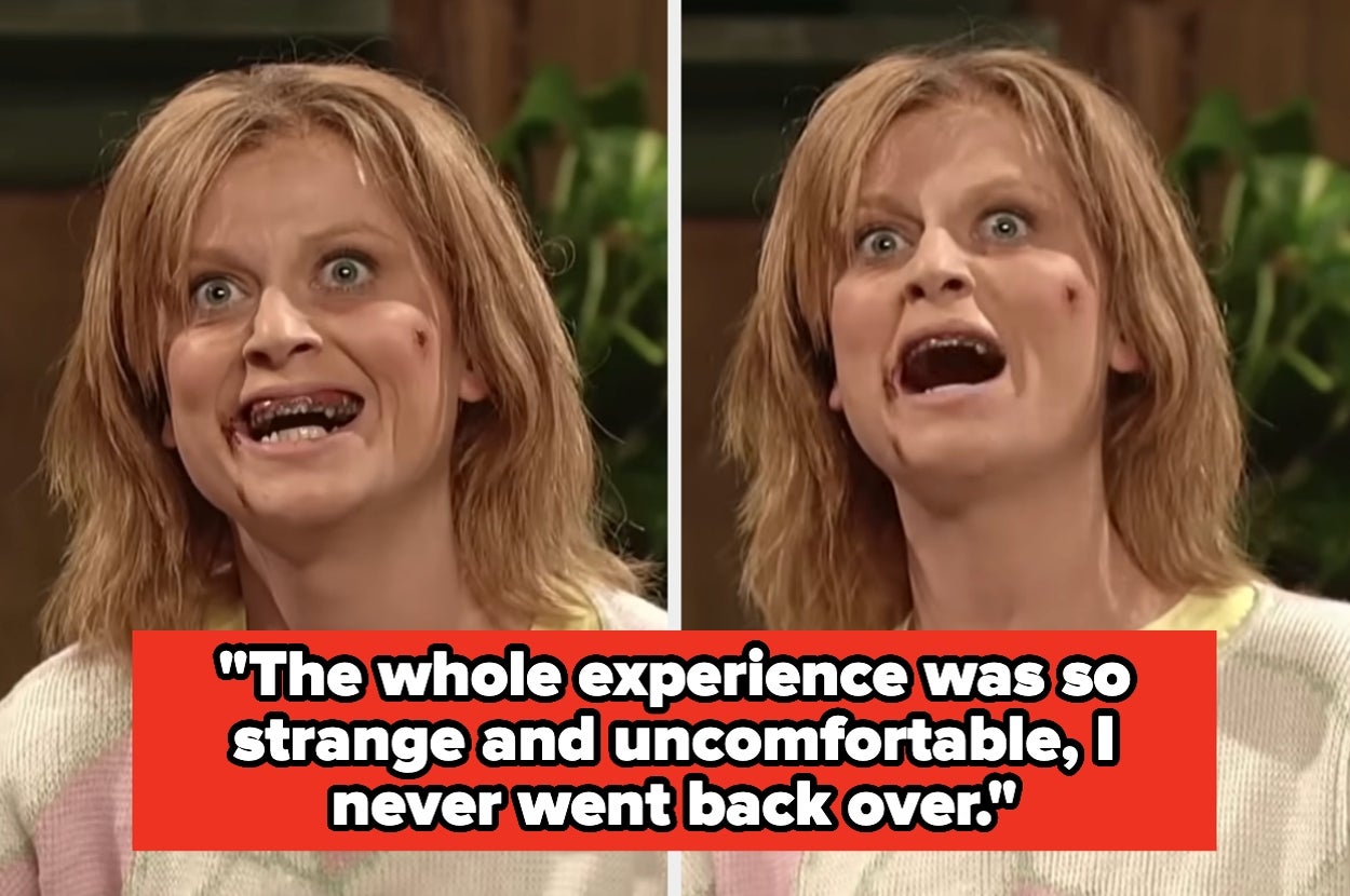 Two images of a person with disheveled hair, making a shocked expression. Text reads: "The whole experience was so strange and uncomfortable, I never went back over."