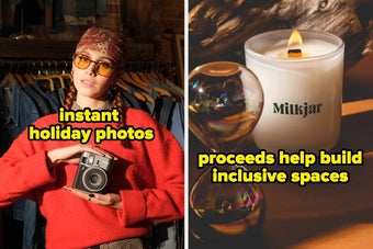 Left: Person in casual, cozy attire holding an instant camera. Right: Lit candle labeled "Milkjar" with caption on supporting inclusivity