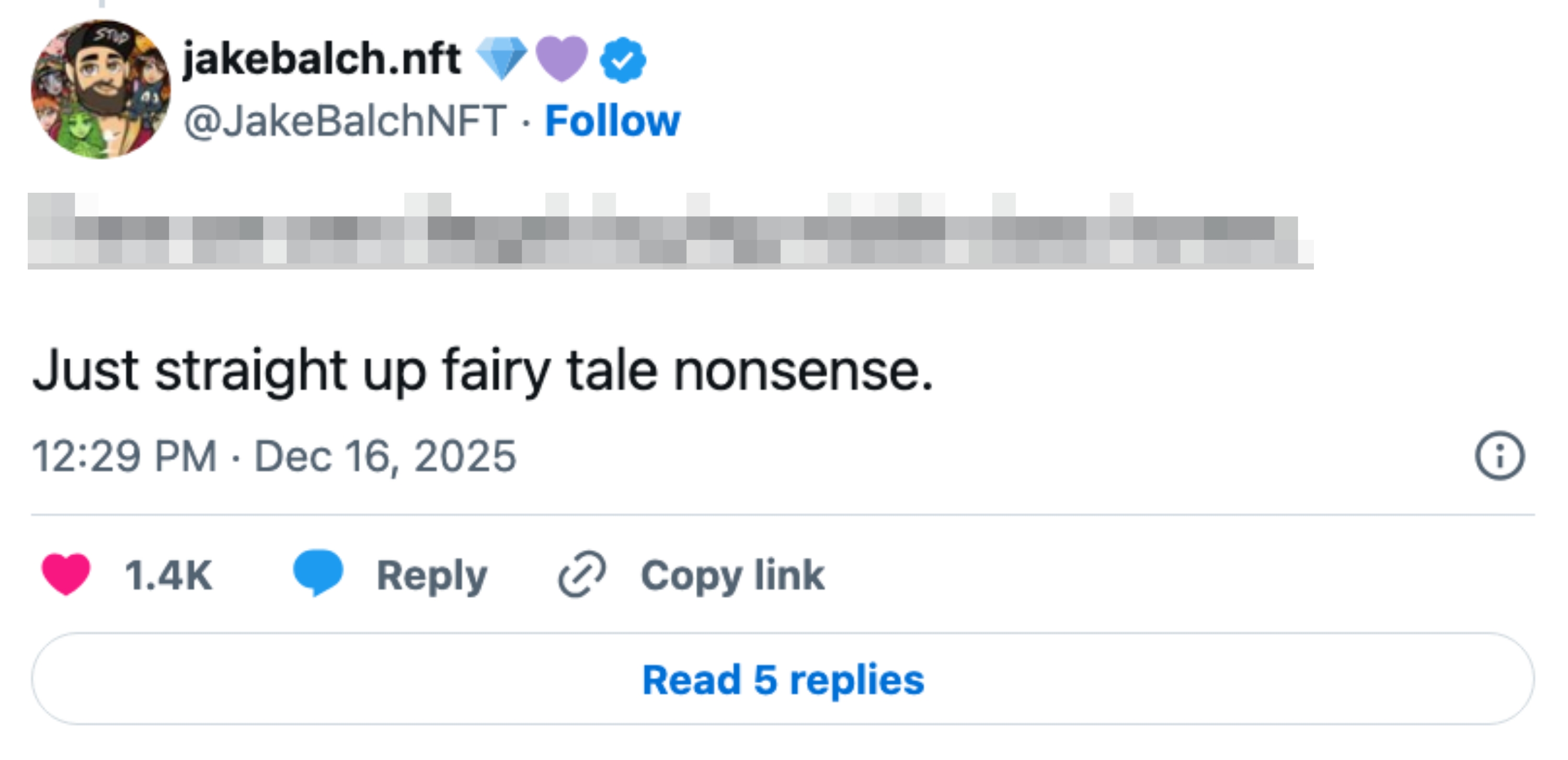 Tweet av JakeBalchNFT hevder,