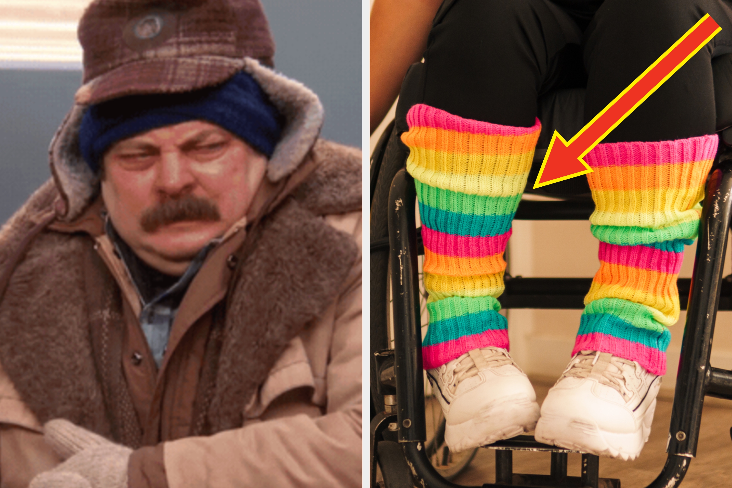 Split image: Left, a person in winter clothing outdoors; right, a person wearing colorful striped leg warmers with white shoes