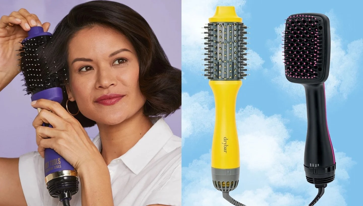 person styling hairsbreadth  with a blow-dry brush; 2  multi-functional hairsbreadth  brushes are displayed beside her against a cloudy entity  background