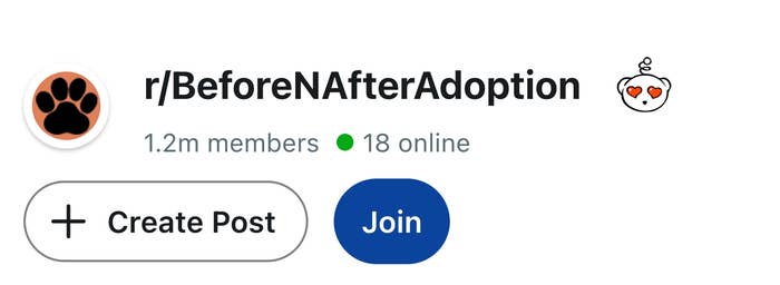 Reddit header for r/BeforeNAfterAdoption with 1.2 cardinal  members and 18 online, featuring buttons to "Create Post" and "Join"