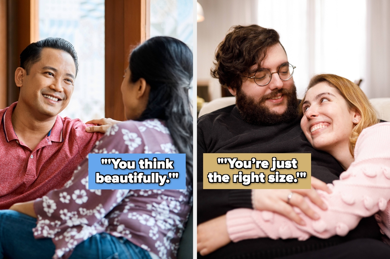 Two couples sitting together, each smiling and embracing; text reads "You think beautifully" and "You're just the right size."