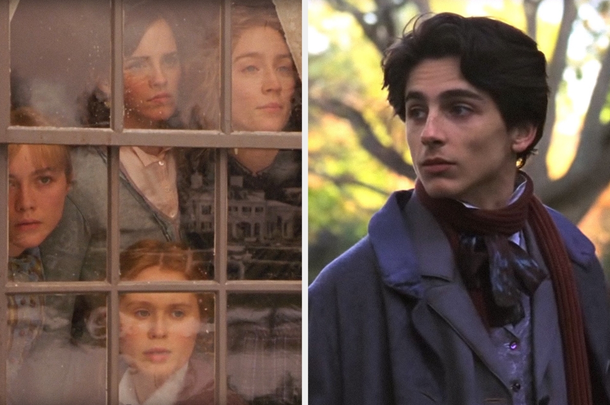 A group of people look out a window on the left, while a person in a scarf and coat is outdoors on the right