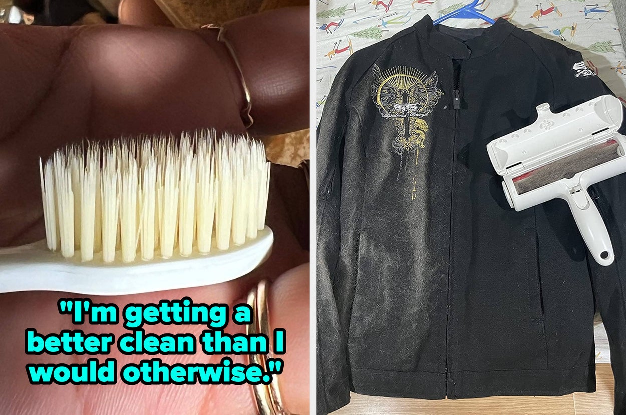 On the left, a hand holds a toothbrush; on the right, a lint roller rests on a black jacket, highlighting cleaning effectiveness