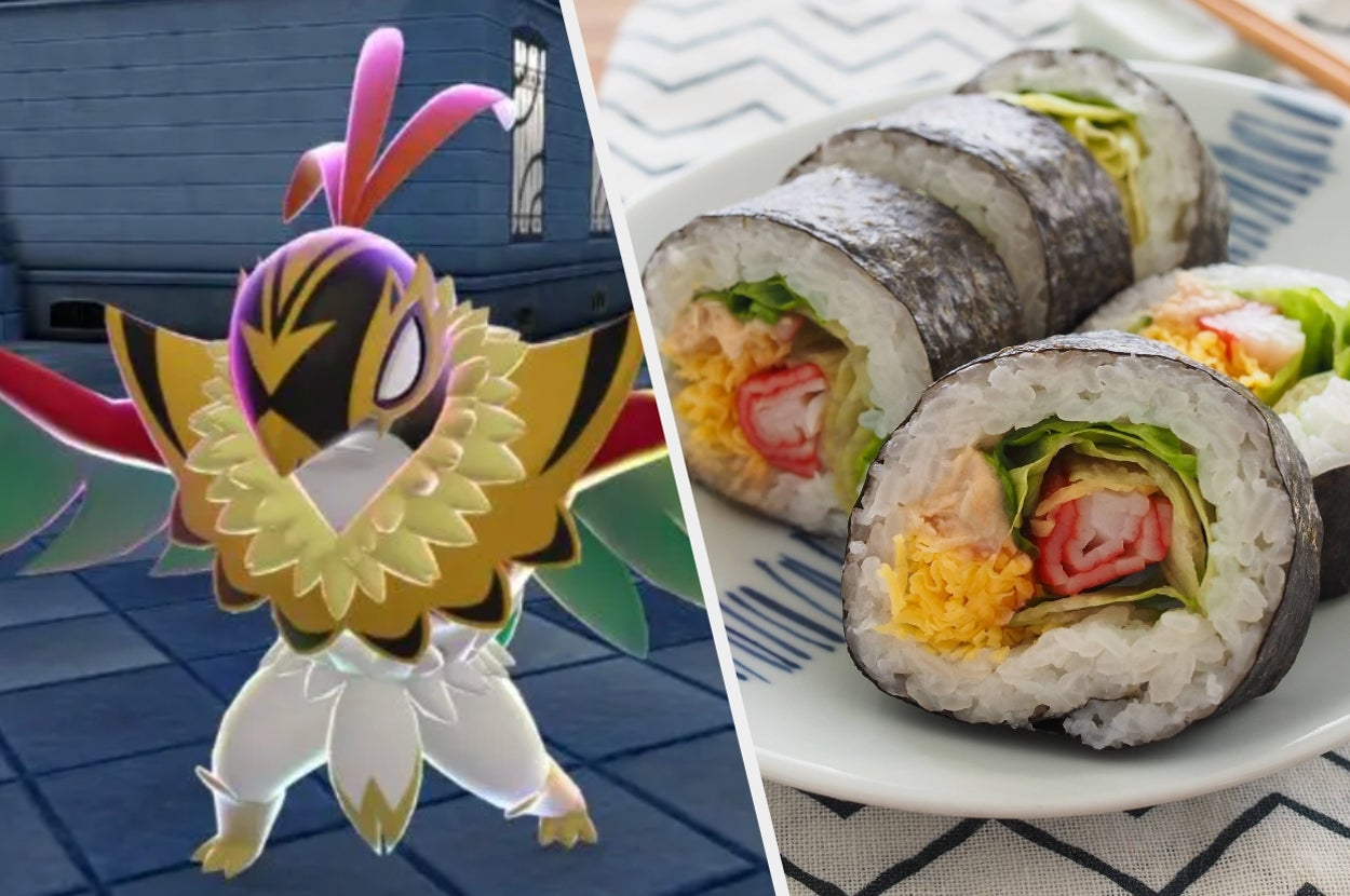 A bird-like cartoon character with vibrant feathers next to a plate of sushi rolls on a table