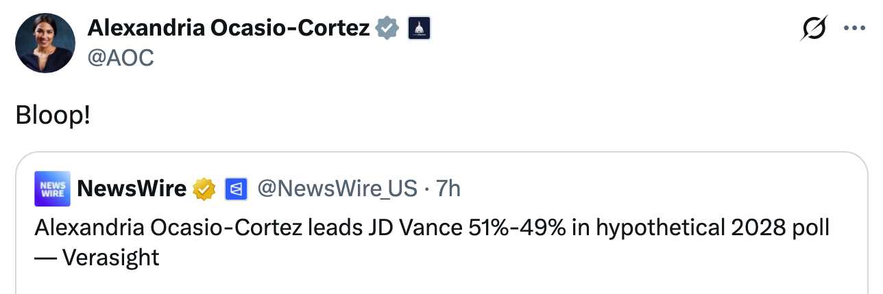 Tweet fra Alexandria Ocasio-Cortez med en retweetet meningsmåling som viser hennes ledende JD Vance, 51%-49%, i et hypotetisk valg i 2028