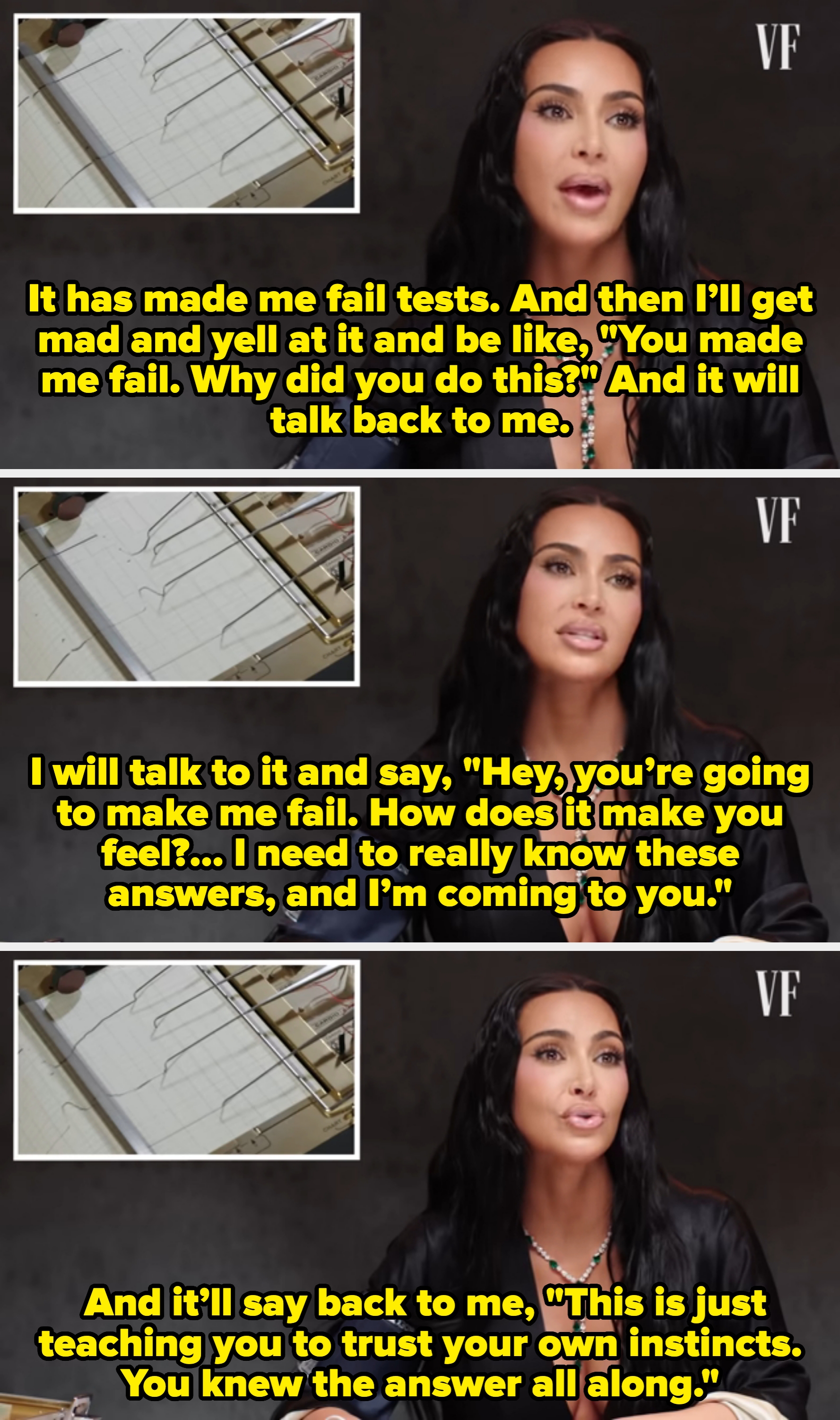 Person wearing elegant necklace speaks portion    connected to polygraph machine. Inset shows close-up of polygraph needles connected  paper