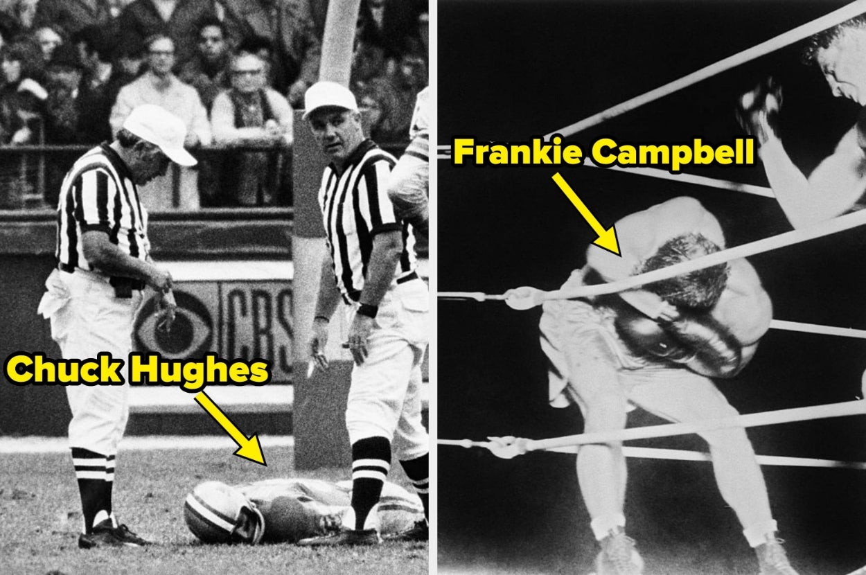 Two historical sports photos: left shows referees near a football player on the ground; right shows a boxer leaning against the ropes during a match