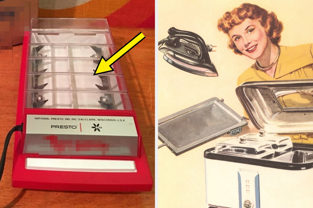 Vintage Presto appliance ad with a smiling woman holding an iron, showcasing a multi-functional kitchen gadget