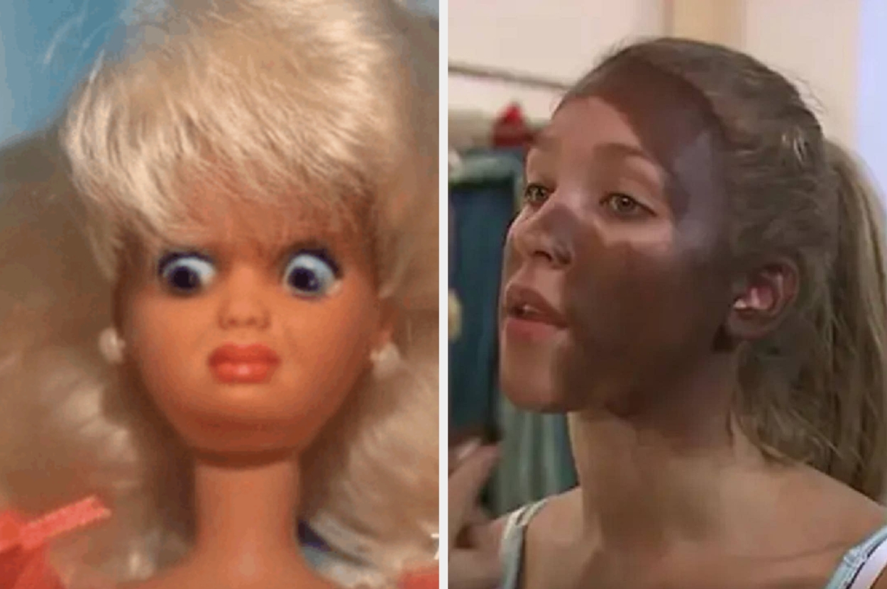 Left: A blonde doll with wide eyes. Right: A person with dark facial makeup applied unevenly across their face