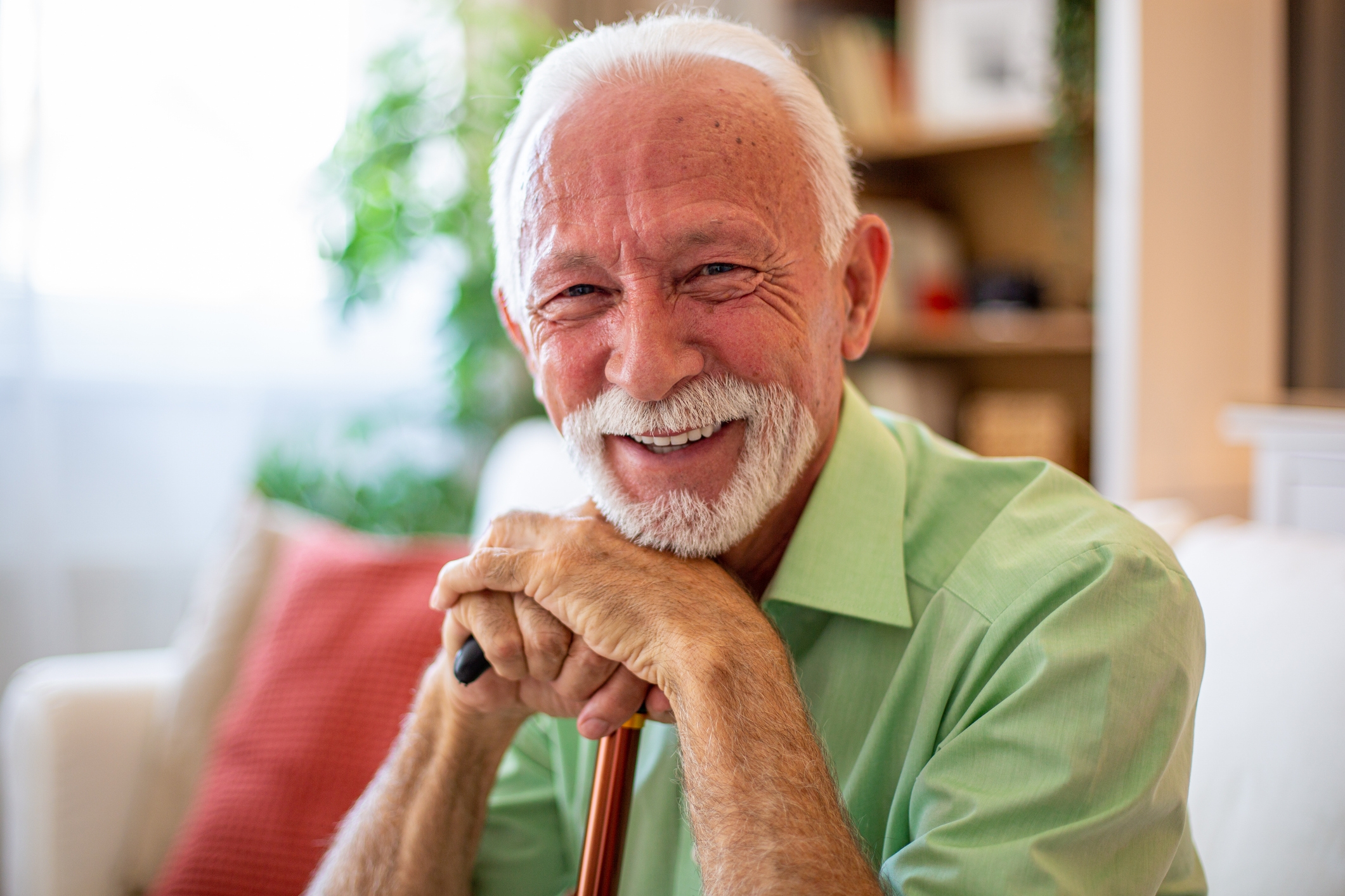 Elderly antheral   with a beard smiling warmly, sitting indoors, resting hands connected  a cane. Cozy surviving  country   inheritance  with plants