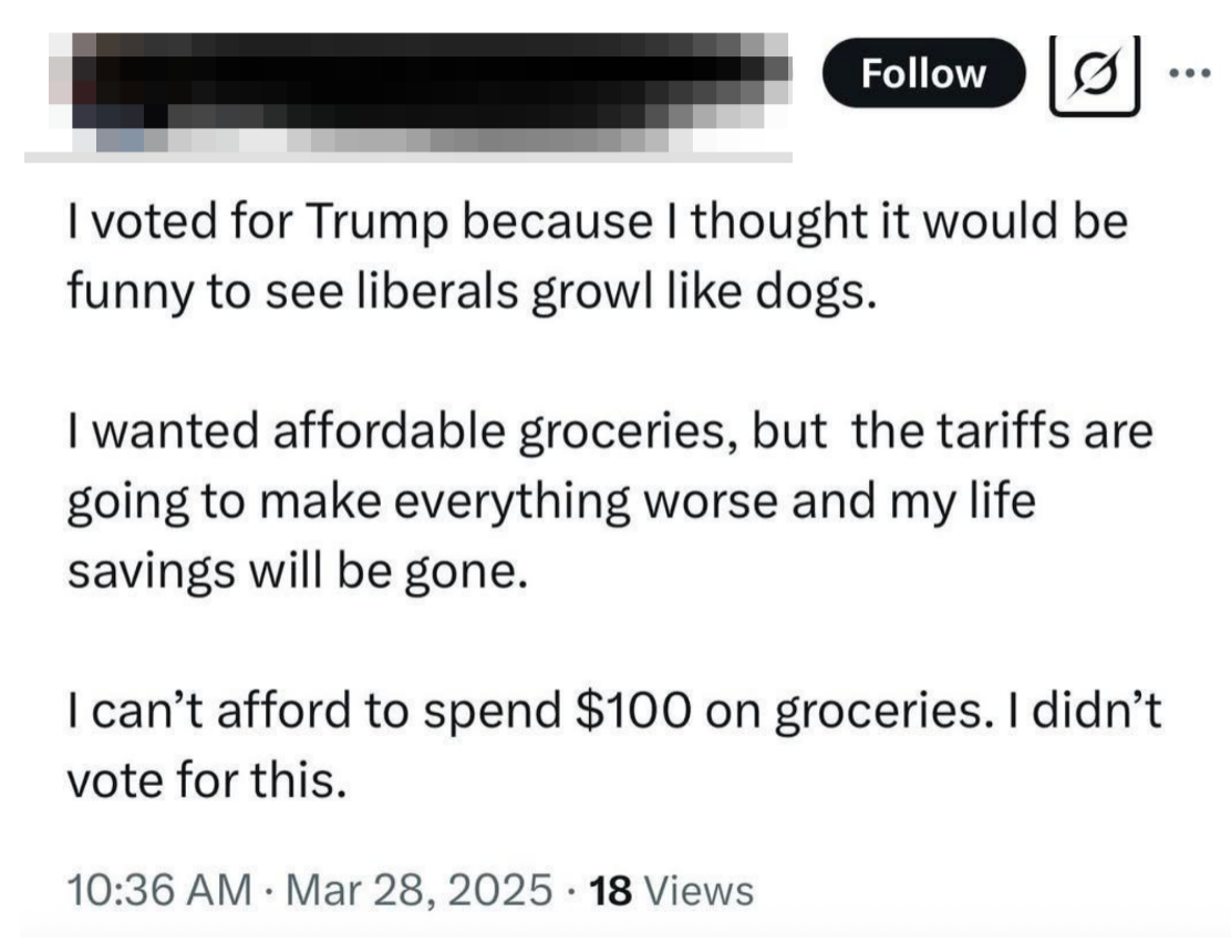Innlegg på sosiale medier som uttrykker beklagelse over å stemme på Trump på grunn av økende dagligvarekostnader fra tariffer