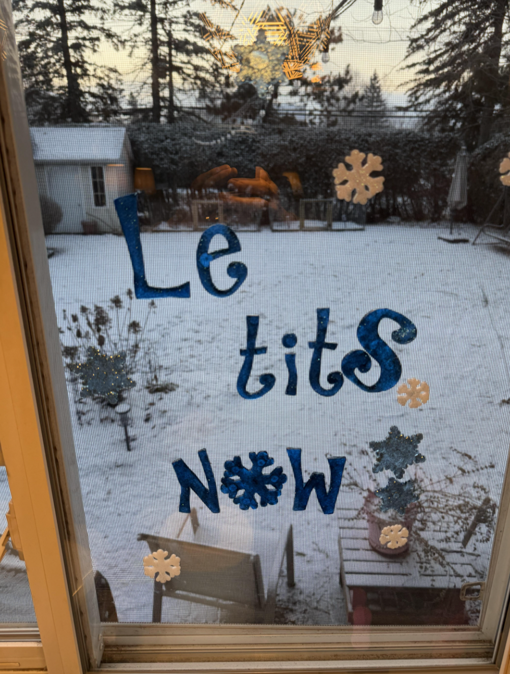 A model   with snowflake decorations reads "Let it snow" humorously misspelled arsenic  "Le tits now" overlooking a snowy backyard