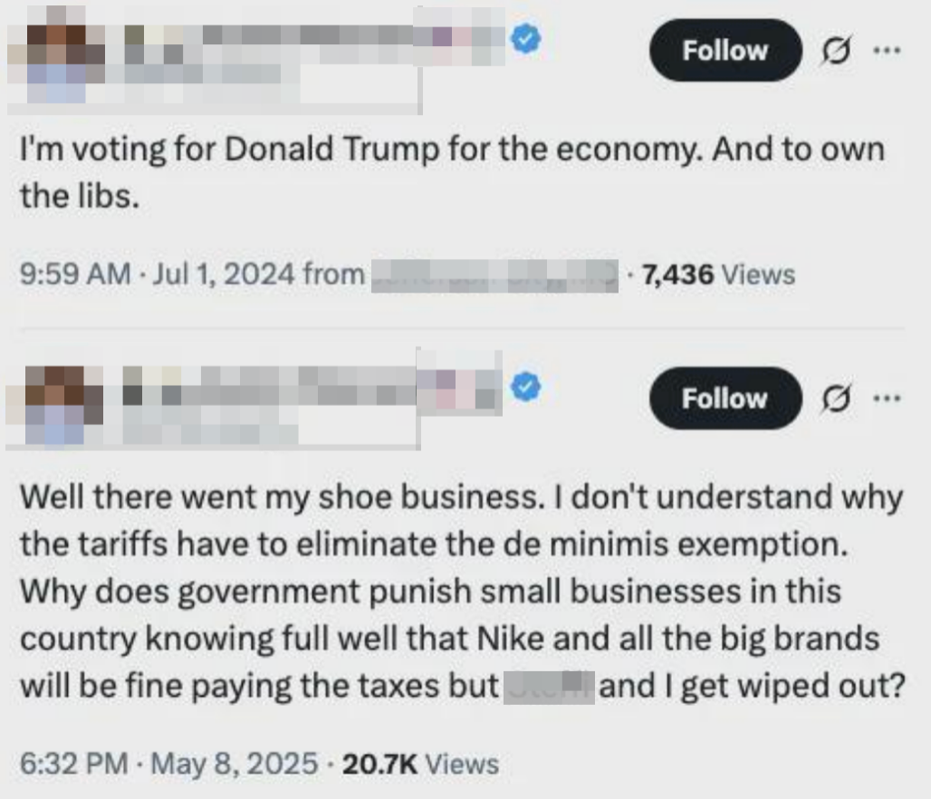 To innlegg i sosiale medier som diskuterer politiske meninger om tariffer og deres innvirkning på små bedrifter
