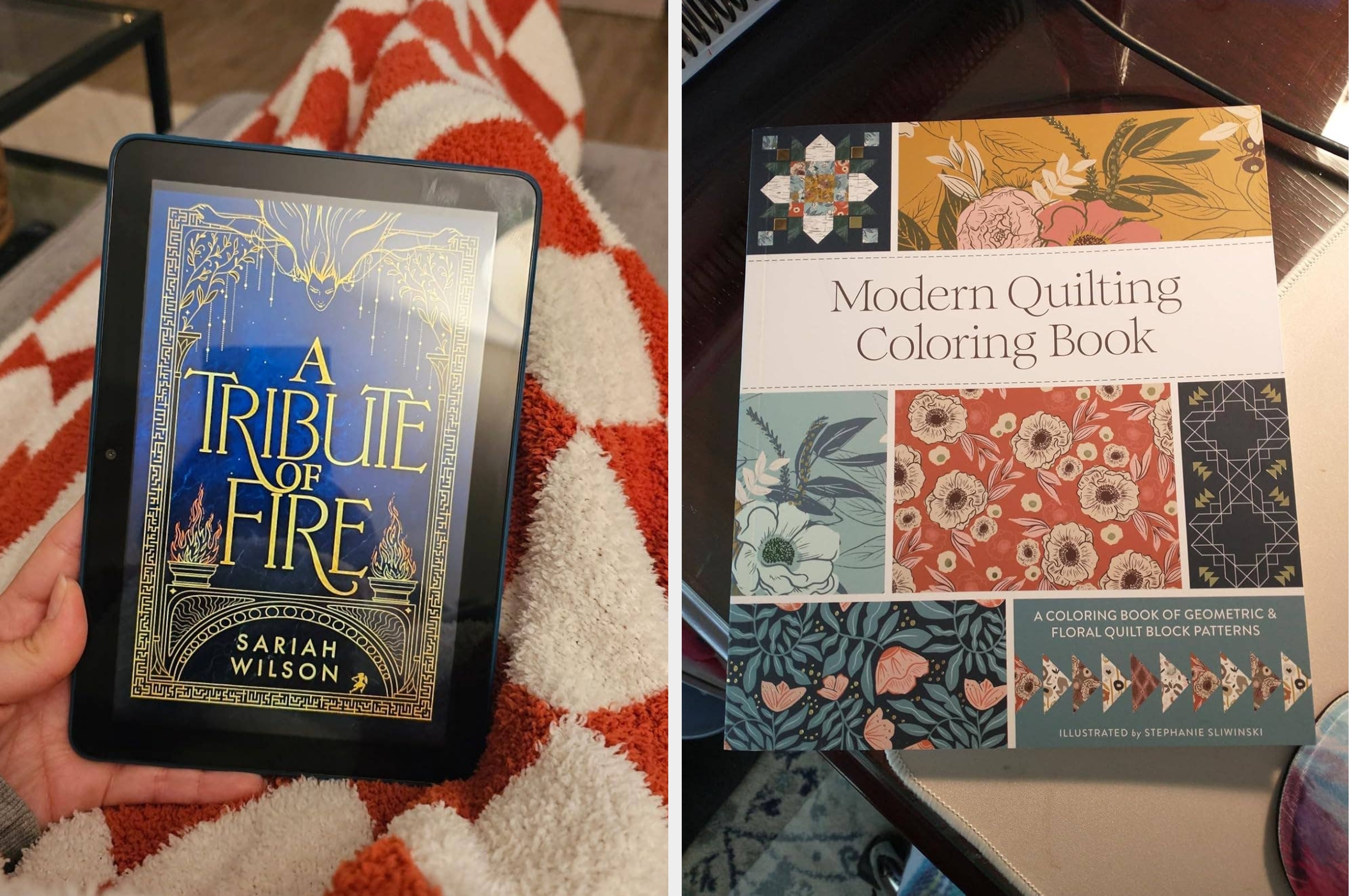 E-reader displaying "A Tribute of Fire" by Sariah Wilson; next to it, a "Modern Quilting Coloring Book" with geometric and floral designs