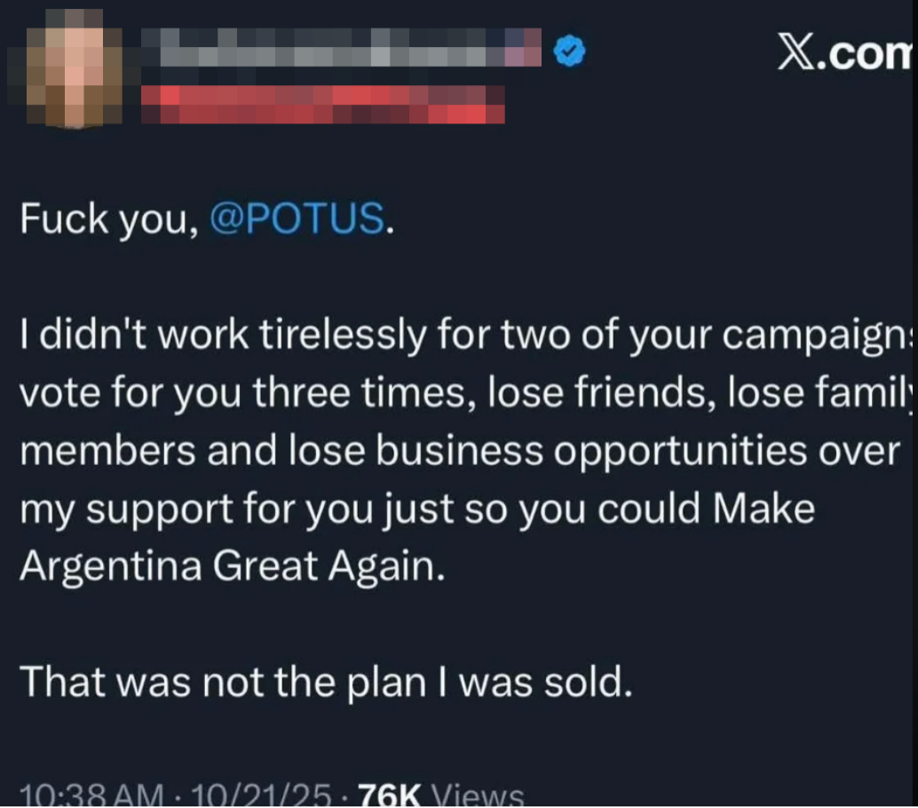 Tweet kritiserer en tidligere president, og uttrykker skuffelse over kampanjeløfter knyttet til Argentina. Vist 76 000 ganger
