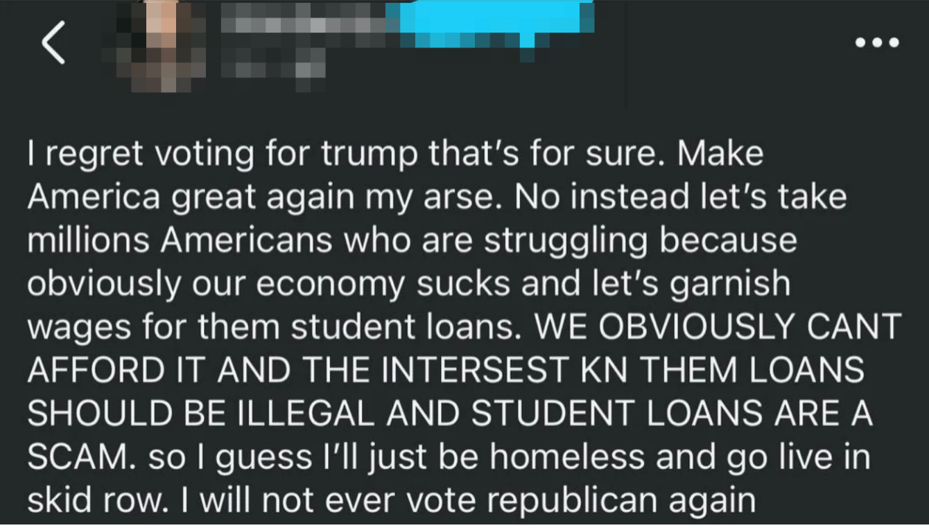 Noen angrer på å stemme på Trump, kritiserer økonomisk politikk og studielån, og lover å ikke stemme republikaner igjen