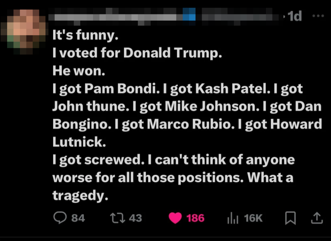 Innlegg på sosiale medier som uttrykker beklagelse over å stemme på Donald Trump og være misfornøyd med de som er utnevnt til stillinger