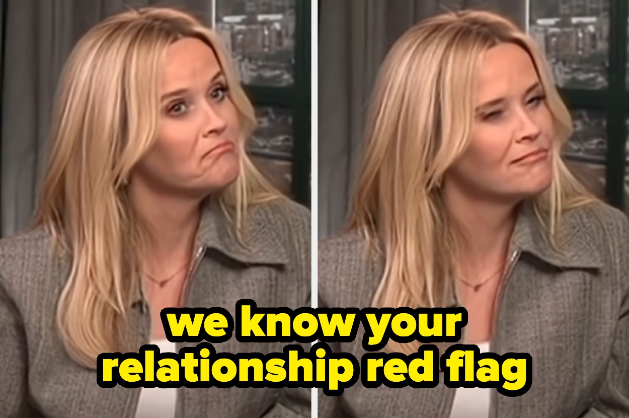 Split image of a woman with a concerned/surprised expression, text overlay: "we know your relationship red flag"