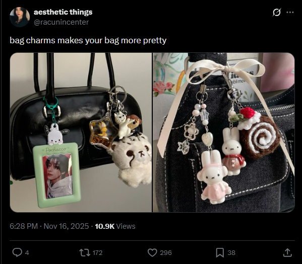 Handbags with cute, decorative charms, including plush animals, cartoon characters, and photograph  keychains