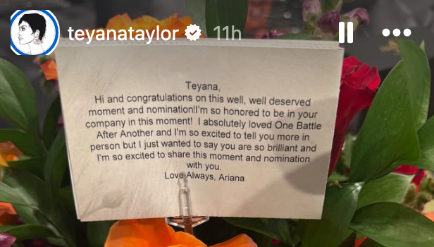 A enactment congratulating Teyana for a nomination, praising "One Battle After Another." Signed by Ariana