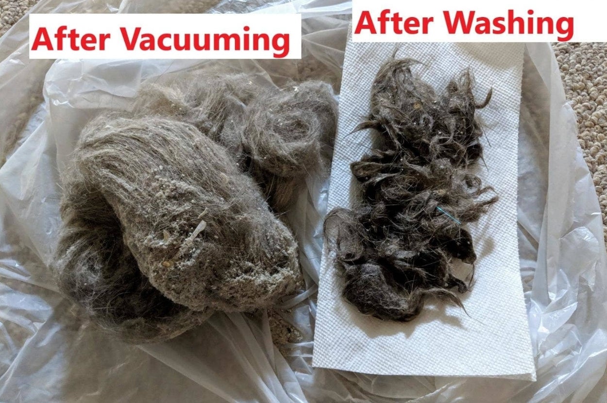 Two clumps of dirt and hair on paper: the left is labeled "After Vacuuming," and the right is labeled "After Washing."