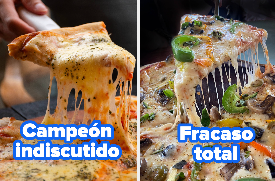 Left: Pizza slice with cheese pull labeled "Campeu00f3n indiscutido." Right: Loaded pizza slice labeled "Fracaso total."