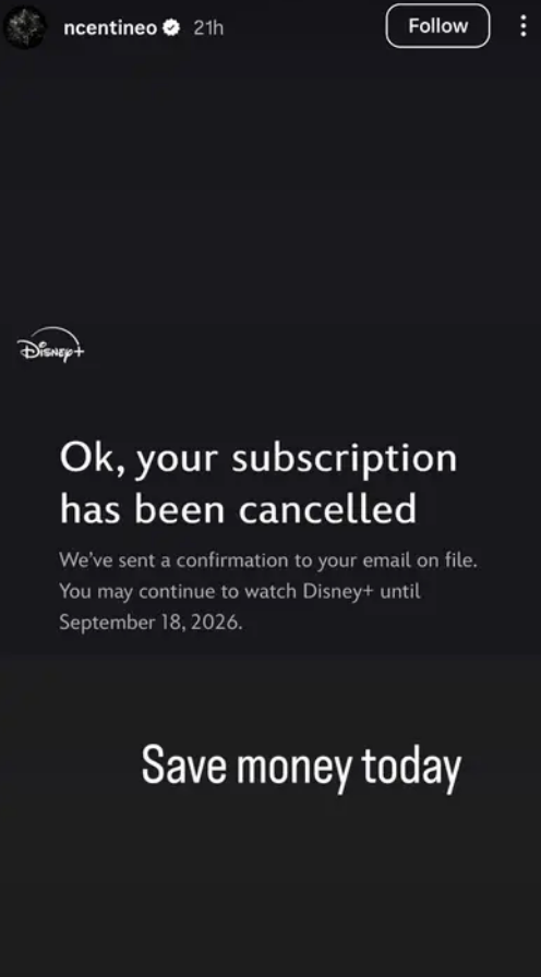 Screenshot of a canceled Disney+ subscription confirmation with a proposition  to prevention  wealth  today