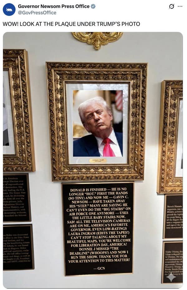 Framed photo of a person with a plaque below quoting from Governor Newsom, criticizing the individual's influence and policy decisions