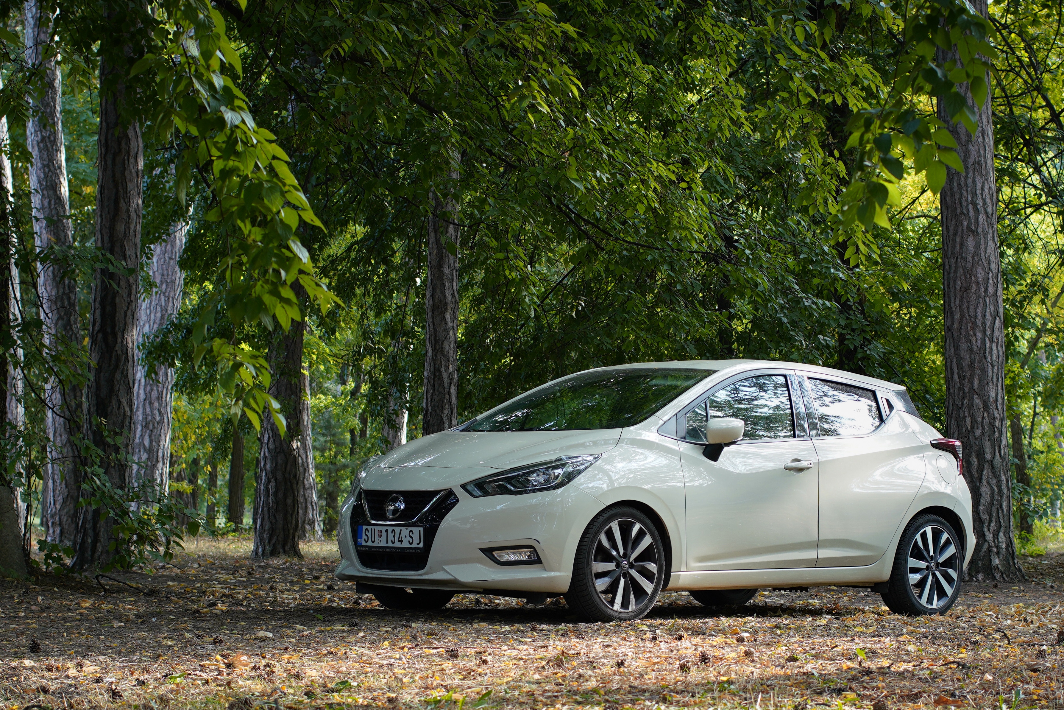 A compact car parked in a wooded area with tall trees, surrounded by leaves on the ground