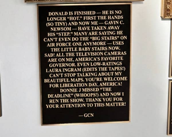 Sign mocking various political figures with humorous remarks about their actions and traits