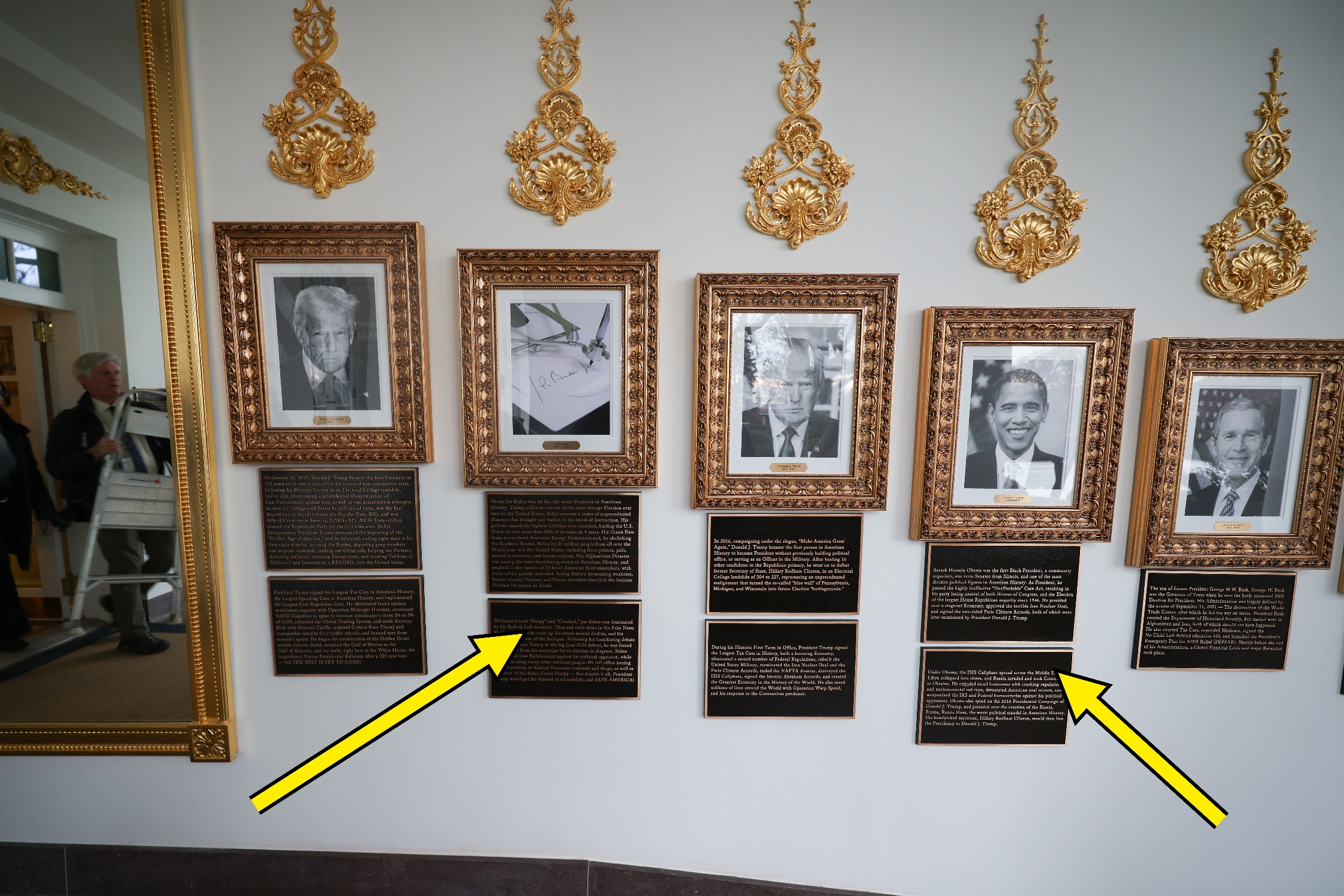 Newly installed plaques summarizing the legacies as interpreted by the Trump White House of former U.S. Presidents