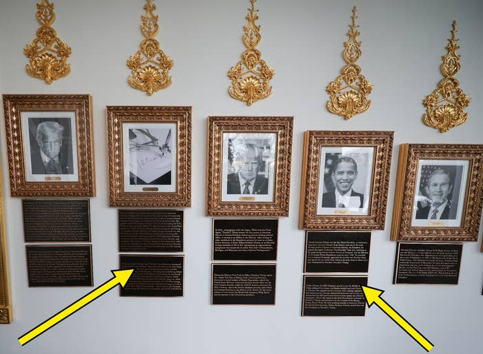 Newly installed plaques summarizing the legacies as interpreted by the Trump White House of former U.S. Presidents