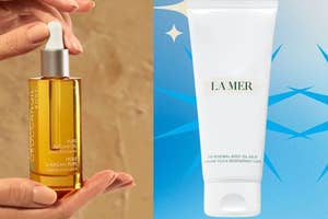 Hands holding a dropper bottle next to La Mer lotion and Everyday Oil on a blue background with stars