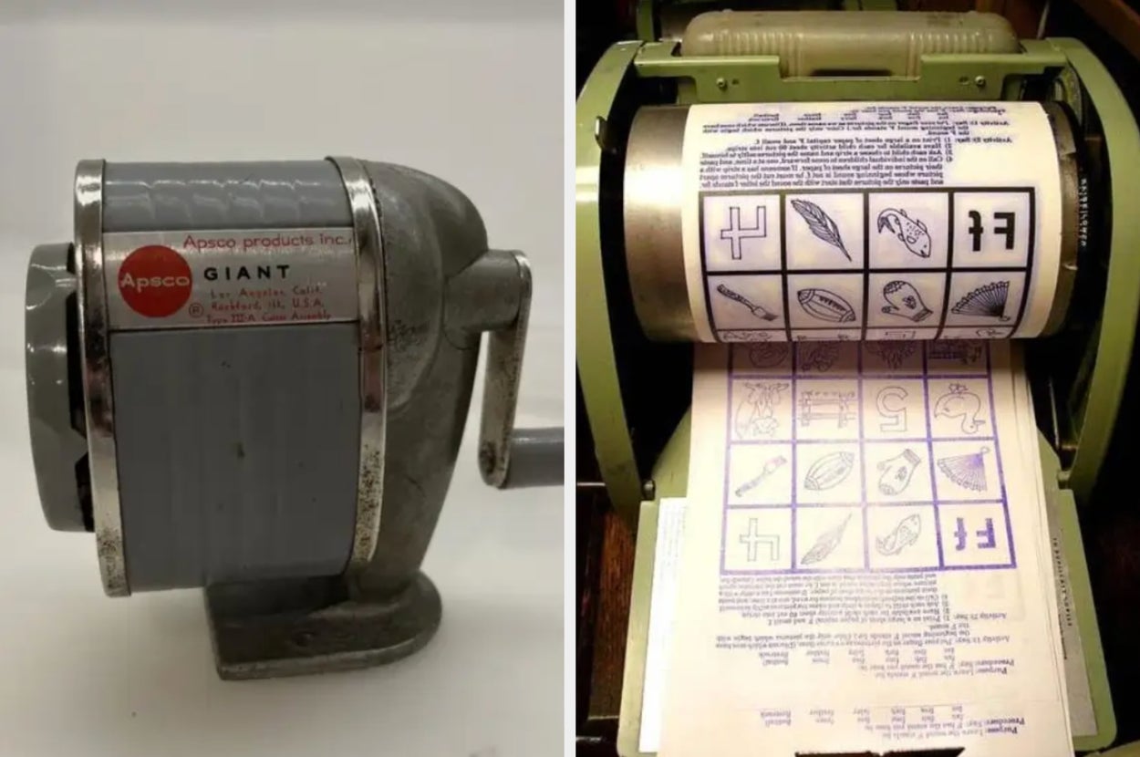 A manual pencil sharpener and a vintage mimeograph machine with illustrated printout sheets