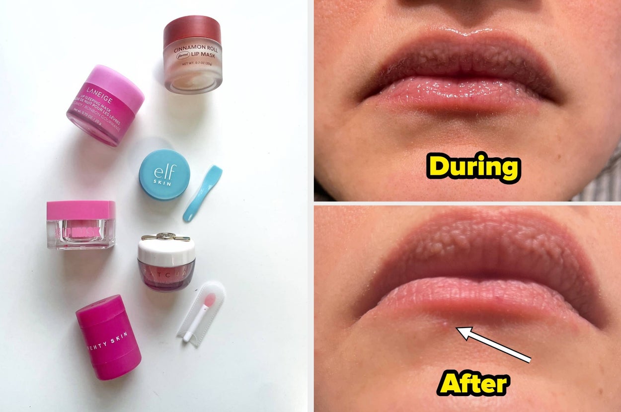 Person with glasses wears glossy lip color. Beside, five lip products in containers are labeled with prices ranging from $6 to $29