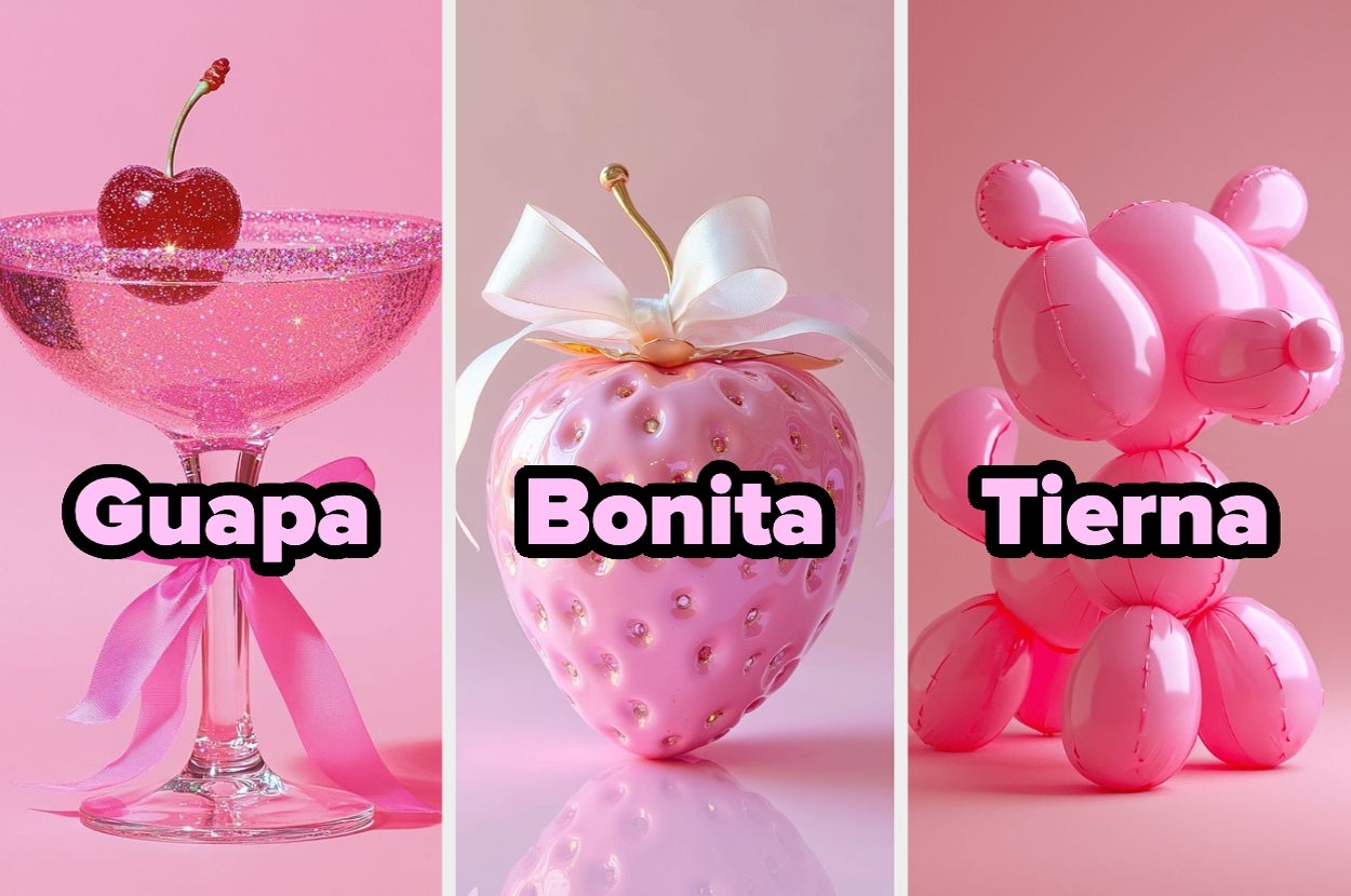 Copa brillante con cereza, fresa decorada con lazo y figura de globo en forma de oso. Textos: "Guapa", "Bonita", "Tierna"