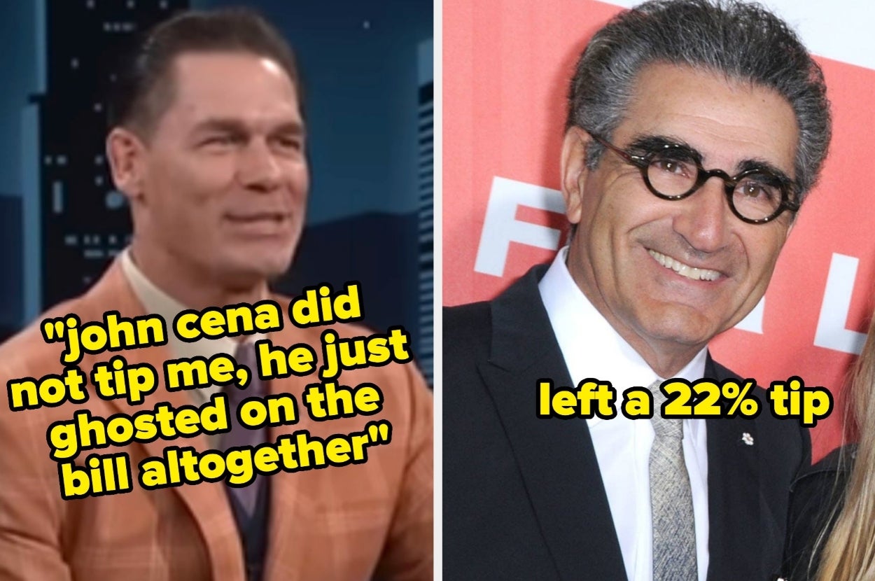 Split image: Left shows text about John Cena not tipping; right shows text about someone leaving a 22% tip