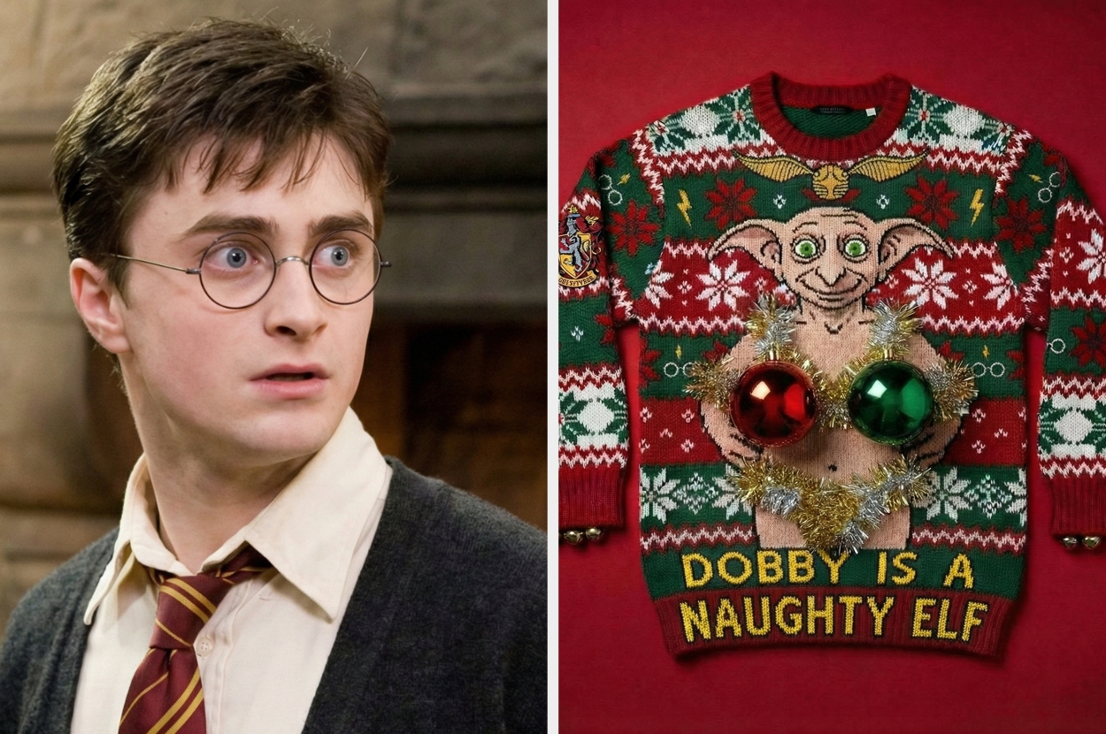 Harry Potter wearing glasses and a tie looks surprised on the left. On the right, a festive sweater with text "Dobby is a Naughty Elf" featuring decor