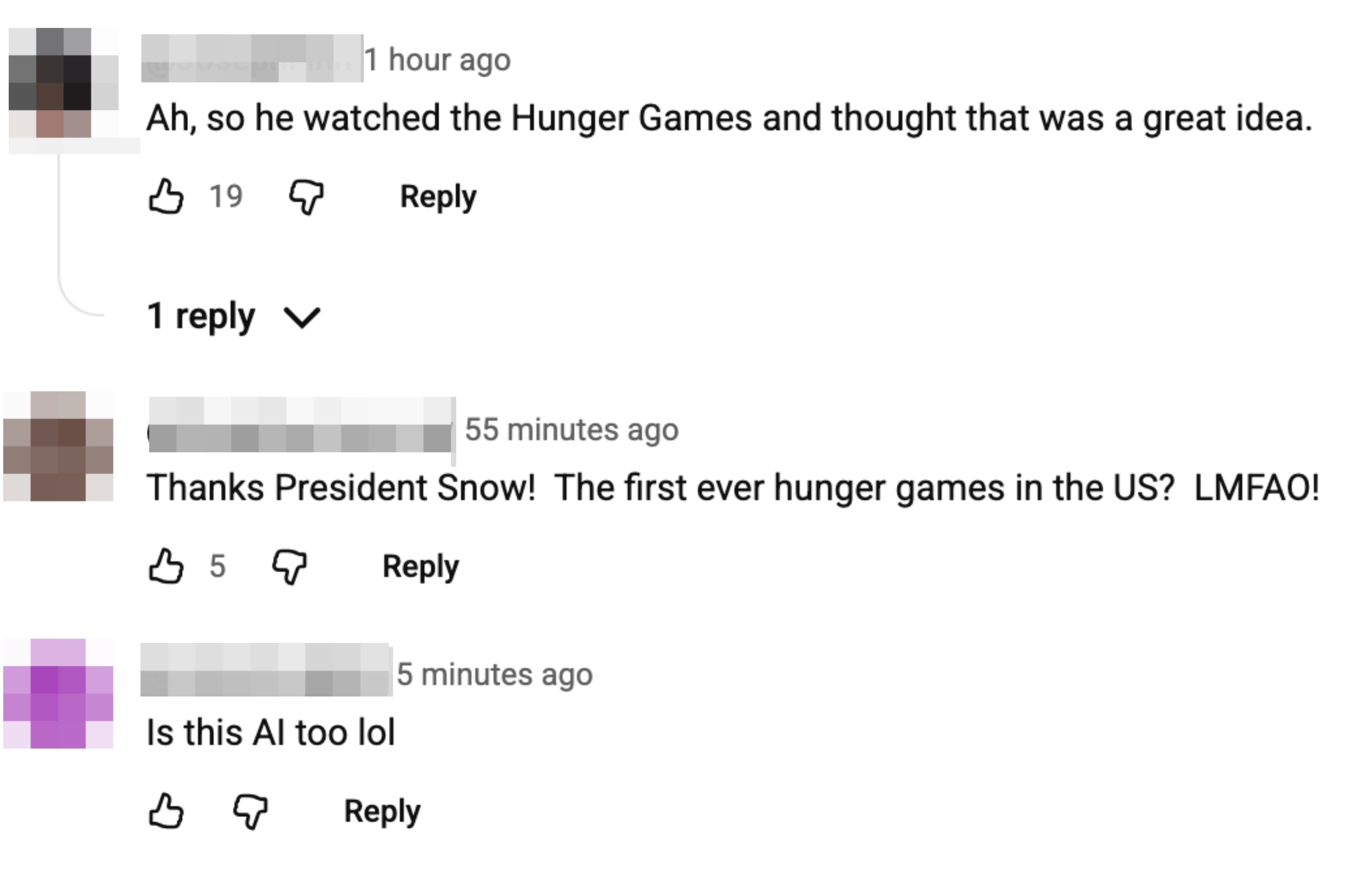 Tre kommentarer i sosiale medier refererer spøkefullt til Hunger Games, og diskuterer noen med en letthjertet tone