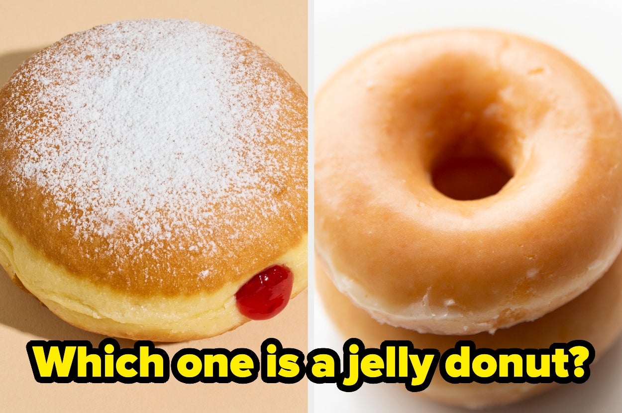 A powdered jelly donut with visible filling is next to a plain glazed donut. Text asks, "Which one is a jelly donut?"