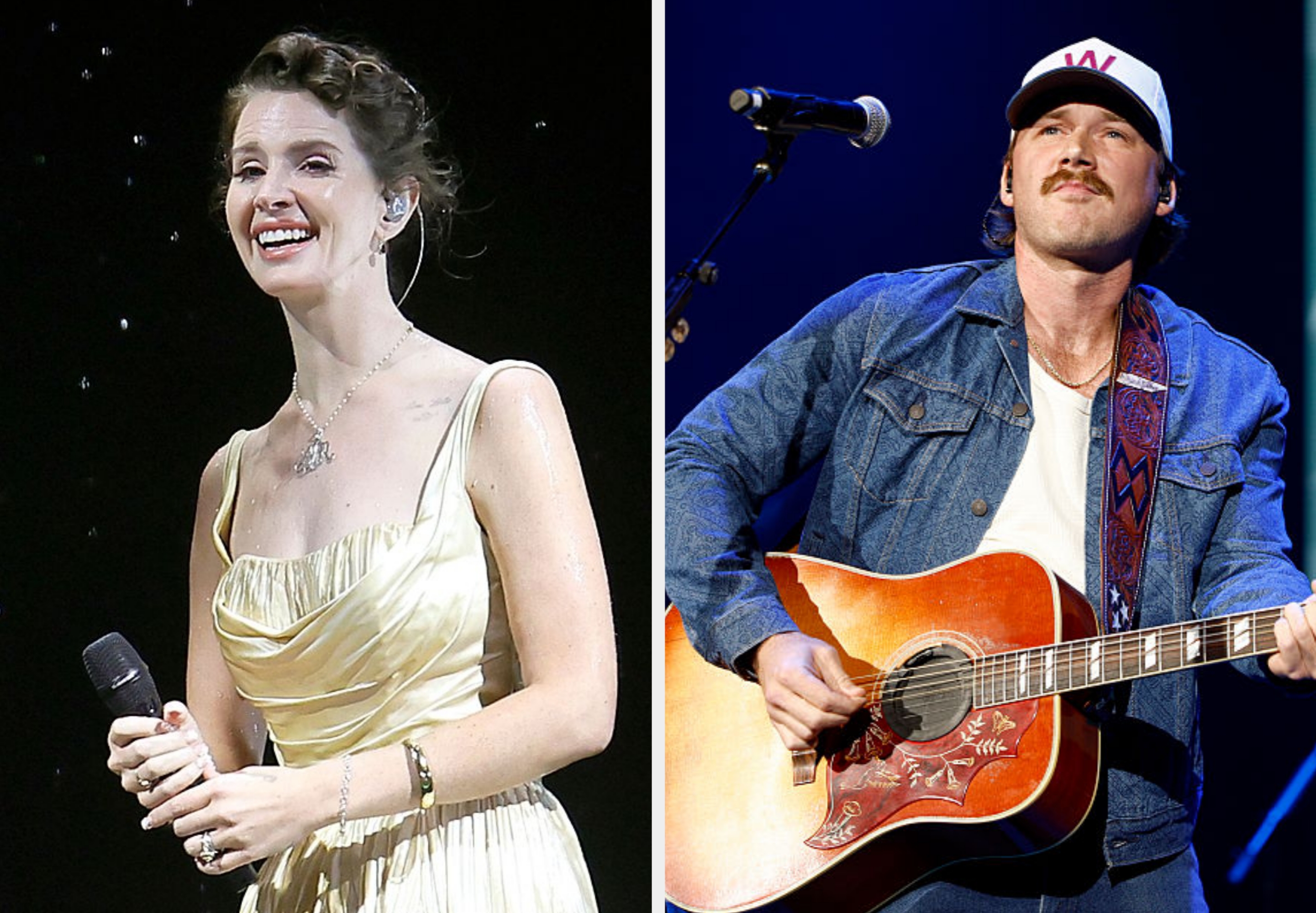 A smiling idiosyncratic   successful  an elegant, sleeveless gown holding a microphone connected  stage