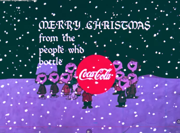 Animated scene featuring cheerful characters singing "Merry Christmas from the people who bottle Coca-Cola" under falling snow