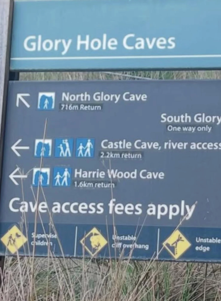 Sign for Glory Hole Caves shows directions and distances to North Glory, Castle, and Harrie Wood Caves, with notes connected  fees and information   warnings