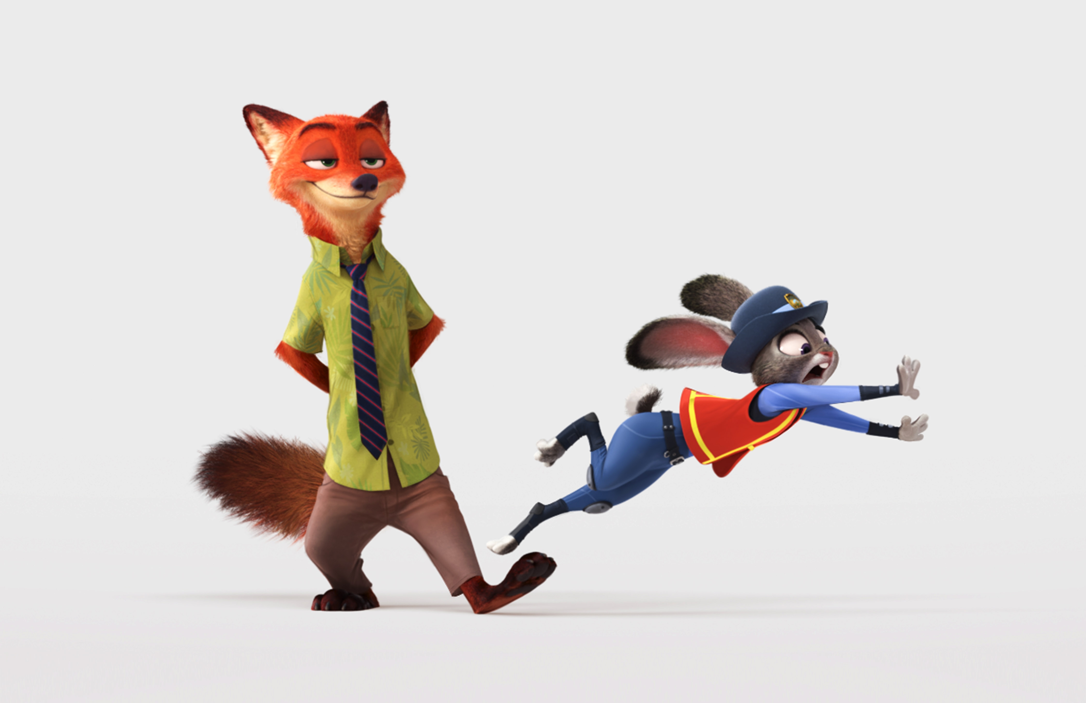  a relaxed fox in a shirt and tie, and a determined rabbit in a police uniform jumping forward